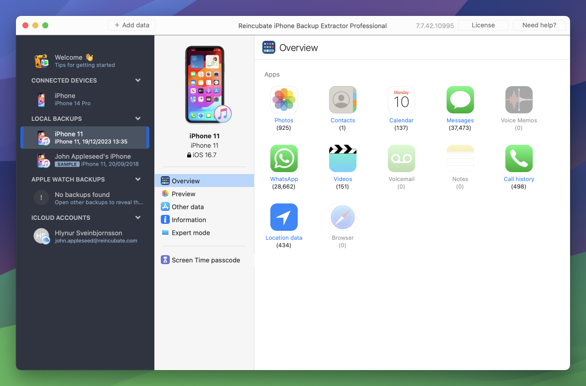 iPhone Backup Extractor’s backup overview screen